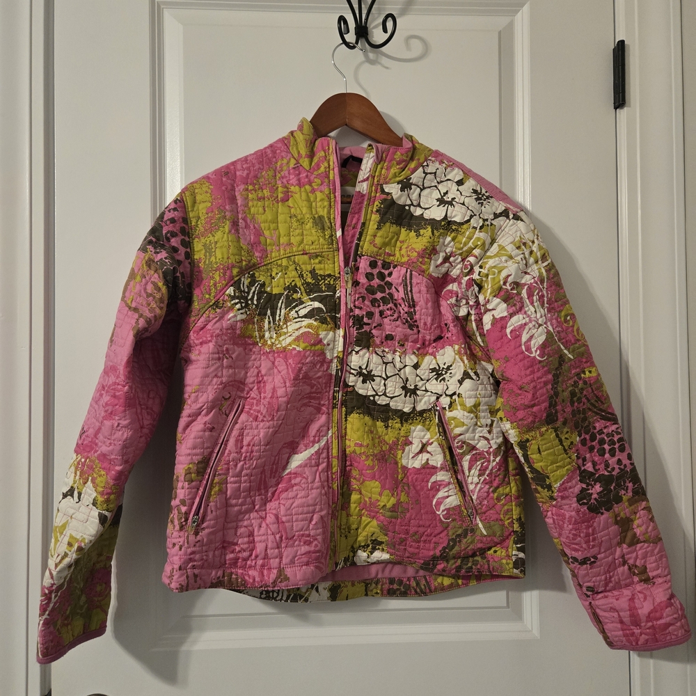 Quilted Obermeyer Pink and Green Floral Bomber Jacket